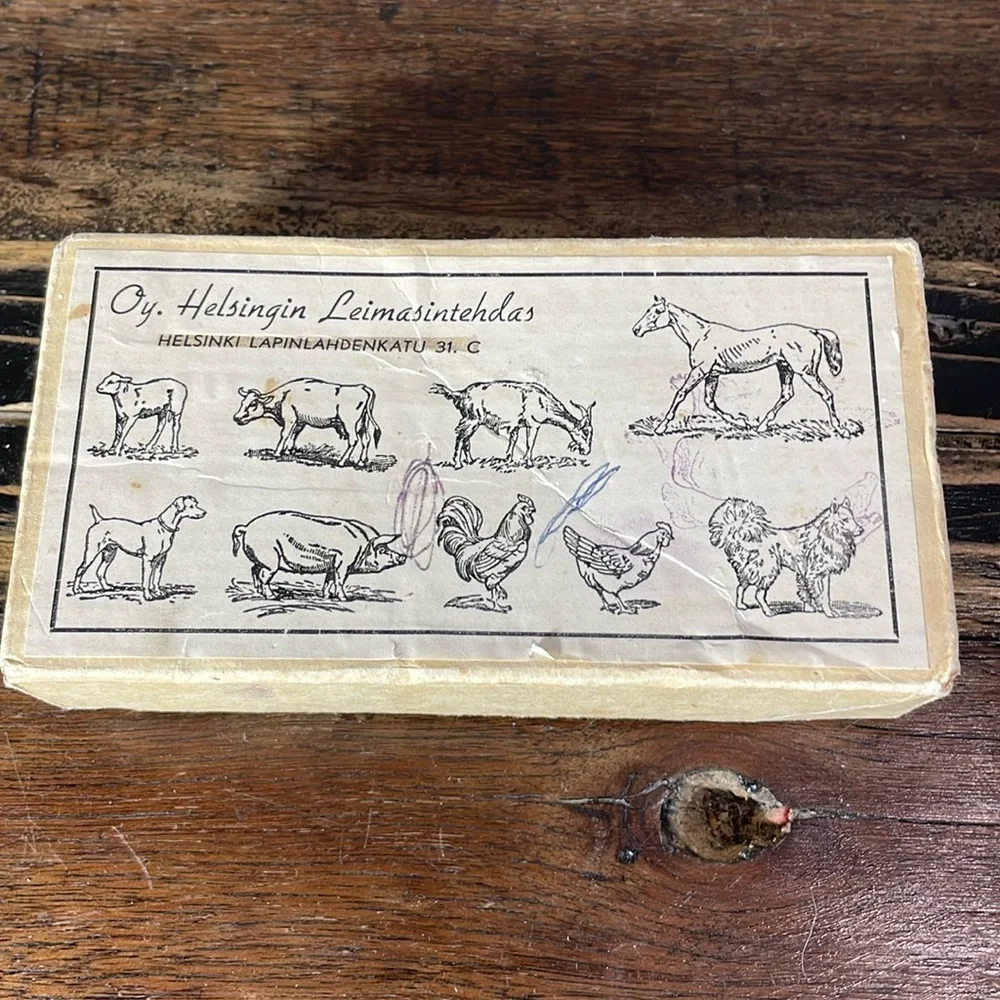 Rubber stamp collection animals horse dogs pig goat rooster chicken cow 9 in box - Picture 3 of 17